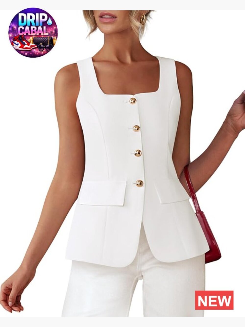 Sleeveless Square Neck Suit Vest Blazer Tops for Women Spring Summer Business